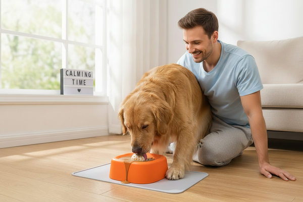 Hombre y perro con cuenco naranja en cocina