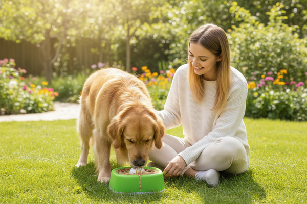 Mujer y perro con cuenco verde en jardín