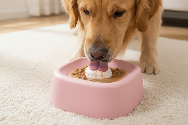 Perro con cuenco rosa en dormitorio